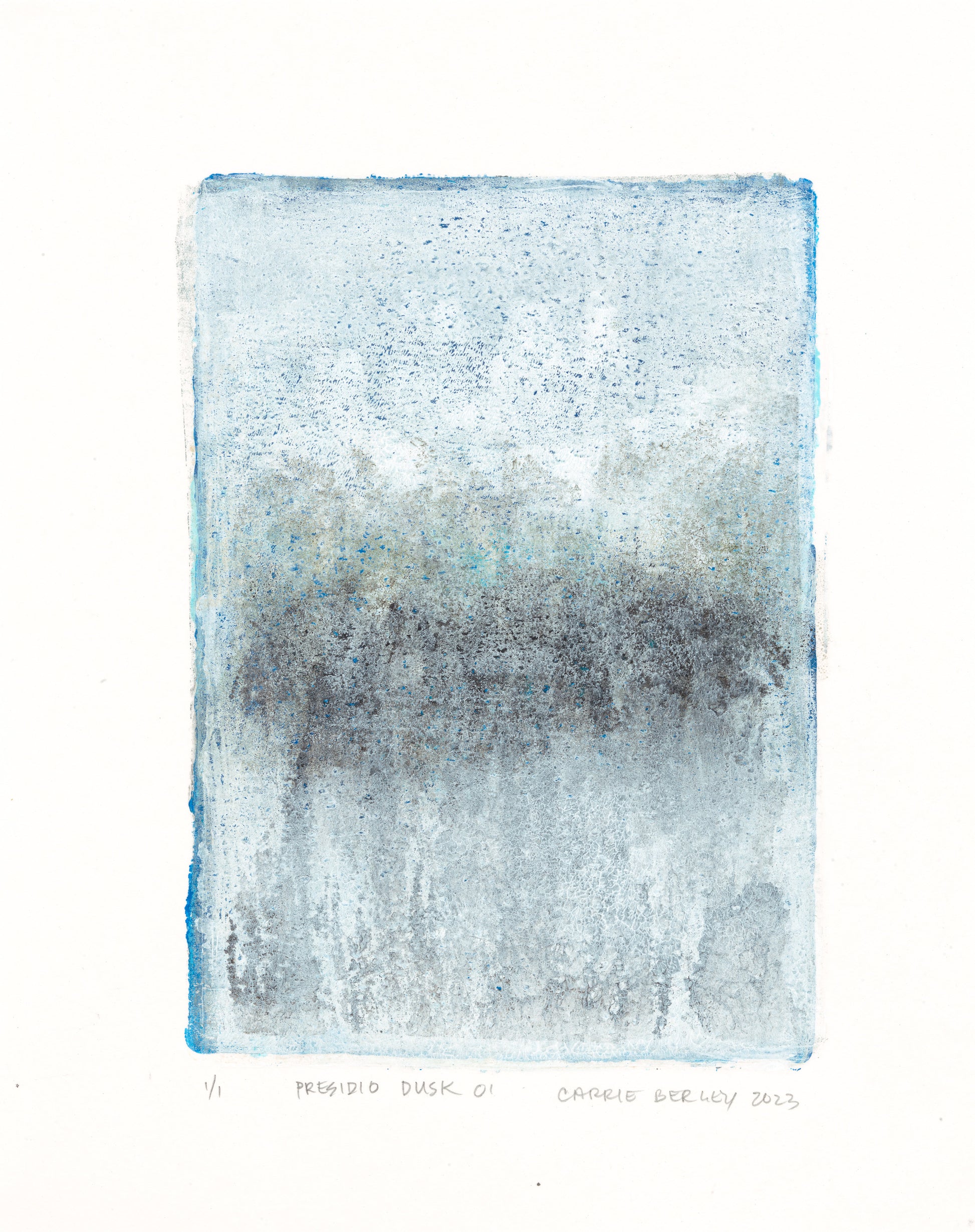 Presidio Dusk 01 from the Original Fine Art Monoprint Diptych Collection, showcasing abstract forest imagery in soft blue and gray hues.