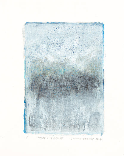 Presidio Dusk 01 from the Original Fine Art Monoprint Diptych Collection, showcasing abstract forest imagery in soft blue and gray hues.