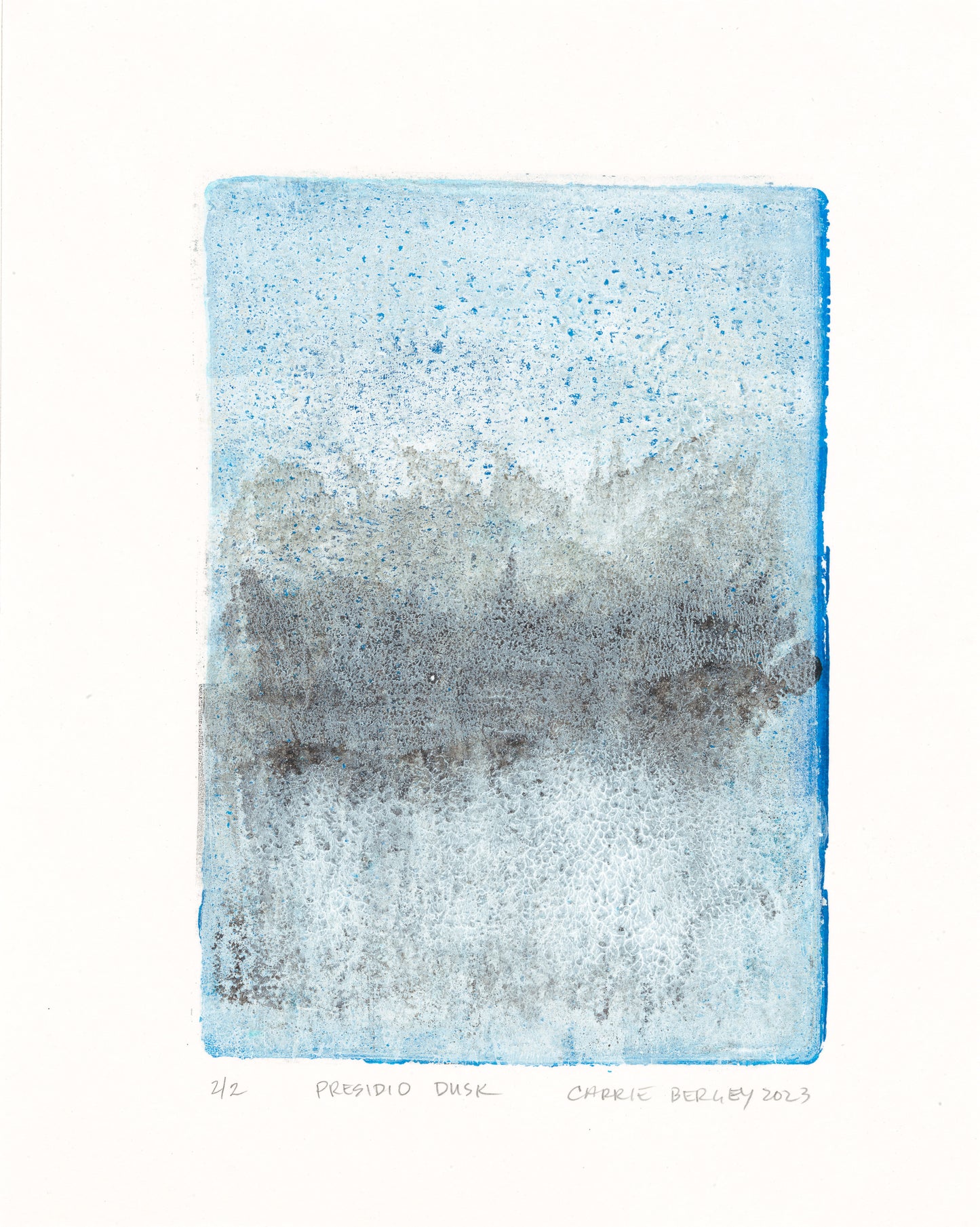 Single print from the Presidio Dusk Original Fine Art Monoprint Diptych Collection by Carrie Bergey, featuring layered blue and gray textures evoking twilight.