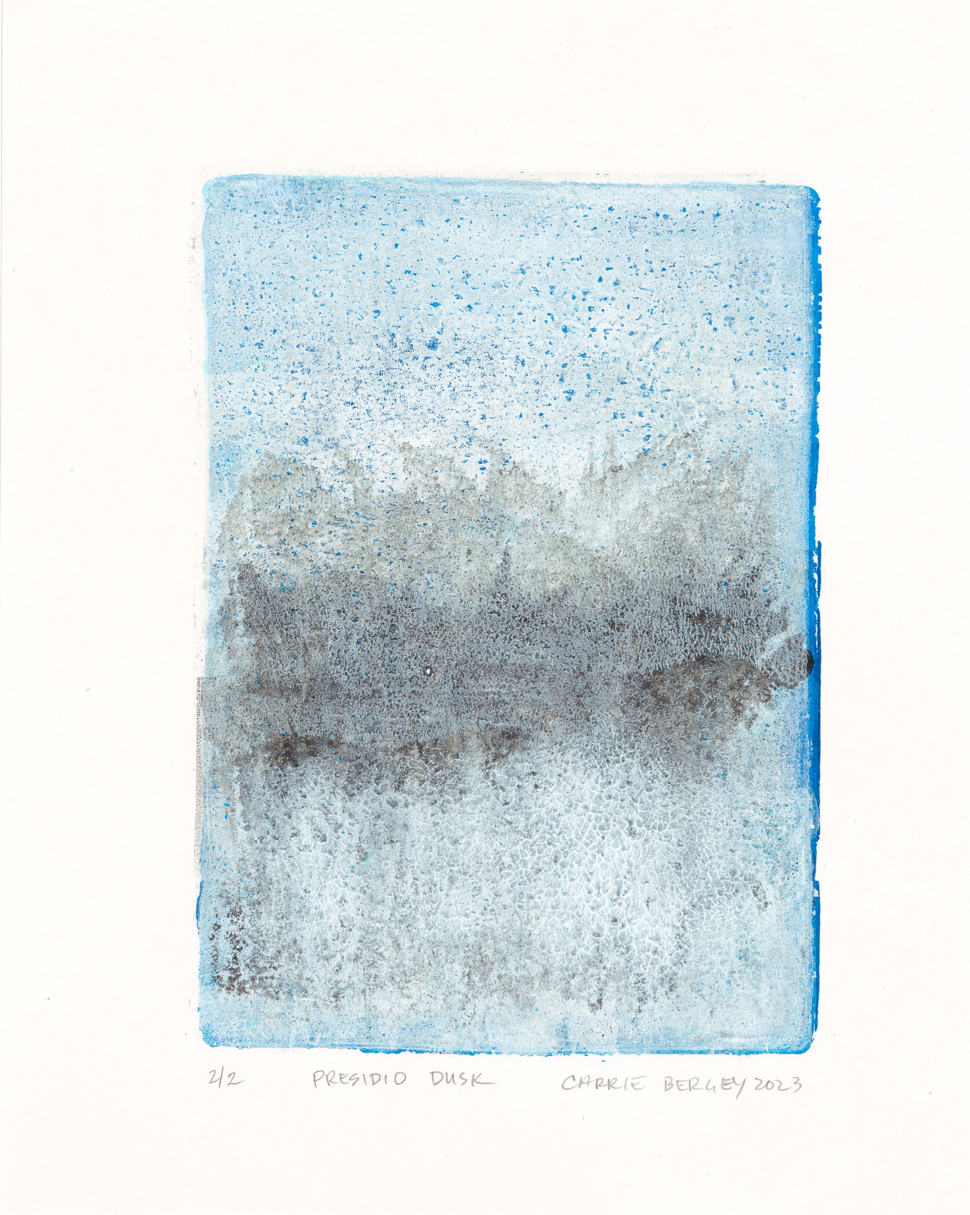 Single print from the Presidio Dusk Original Fine Art Monoprint Diptych Collection by Carrie Bergey, featuring layered blue and gray textures evoking twilight.