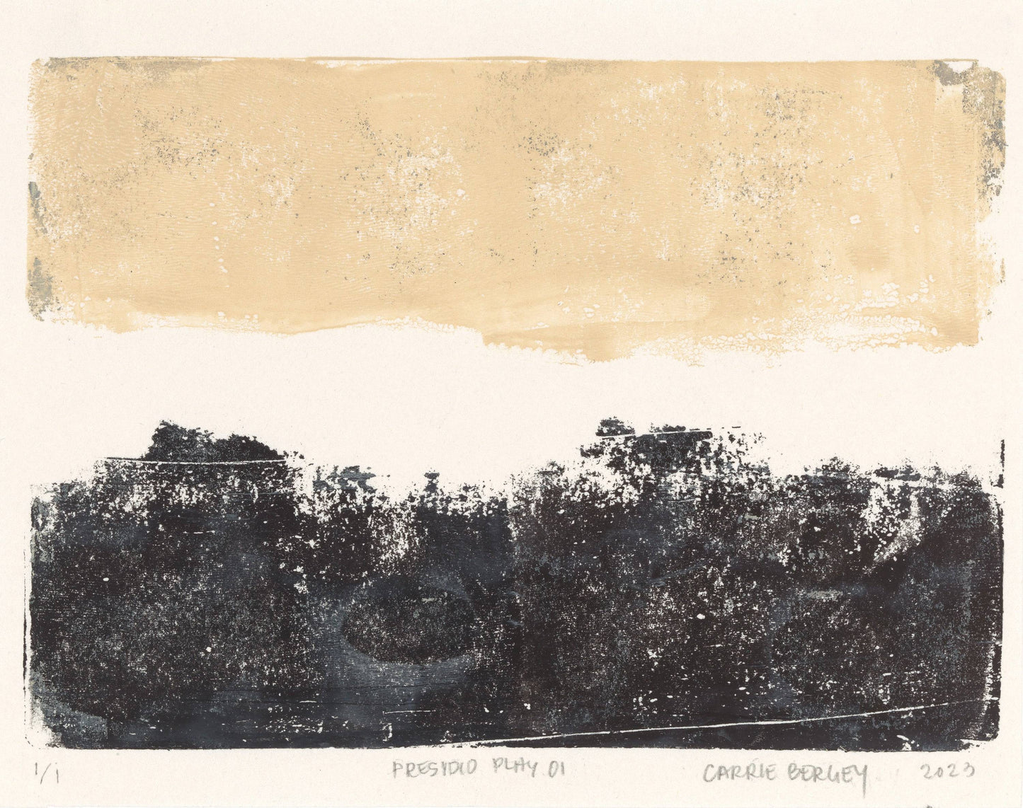 Presidio Play 01 by Carrie Bergey, abstract monoprint with bold black and beige color blocks, from the Presidio Play Original Fine Art Collection.