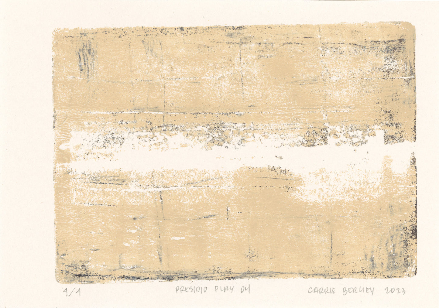 Presidio Play 04 by Carrie Bergey, abstract monoprint in soft beige with white and black accents. Limited edition fine art print for home decor.