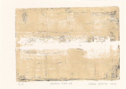 Presidio Play 04 by Carrie Bergey, abstract monoprint in soft beige with white and black accents. Limited edition fine art print for home decor.