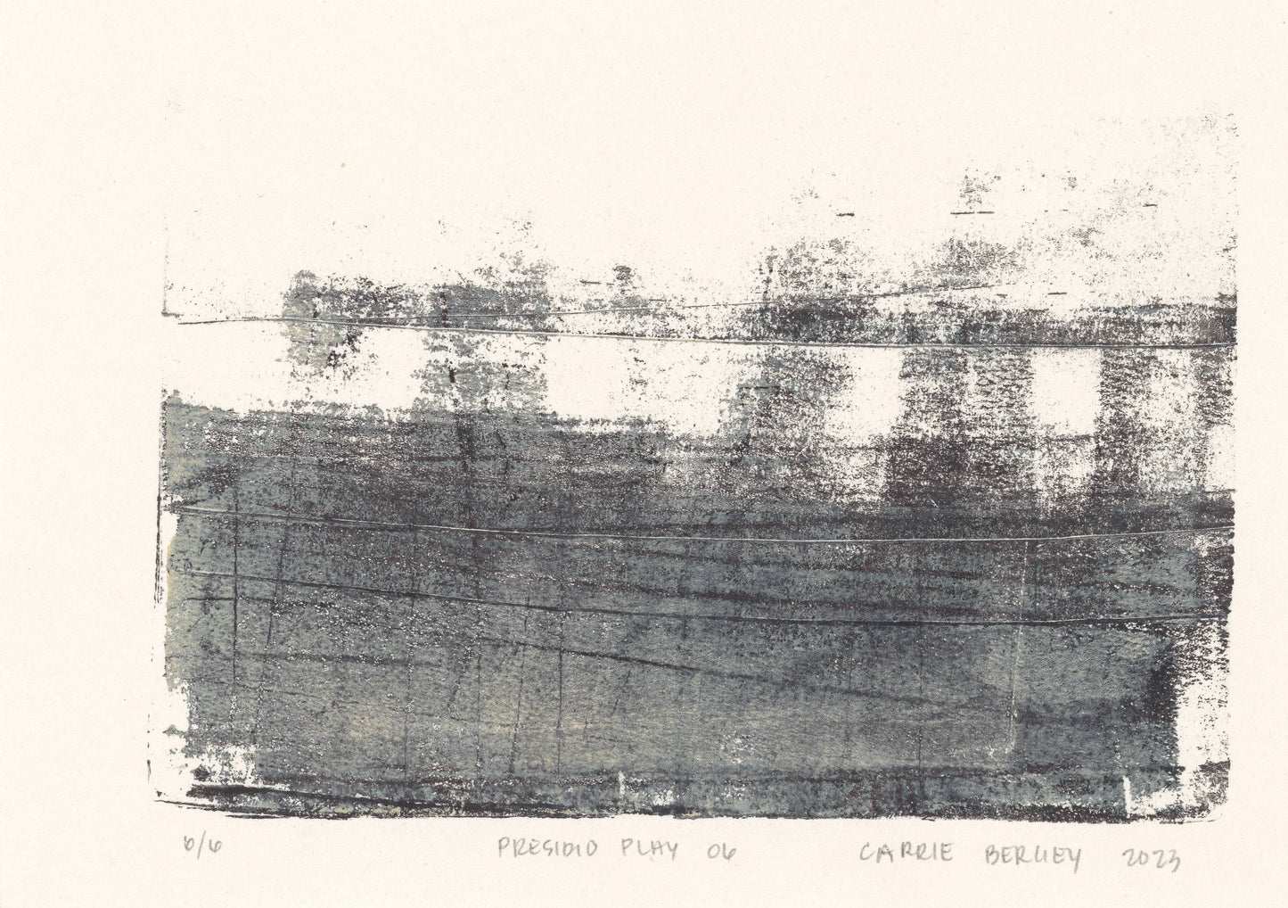 Presidio Play 06 by Carrie Bergey, abstract monoprint with dark blue and white textures and fine line details, part of the Presidio Play collection.