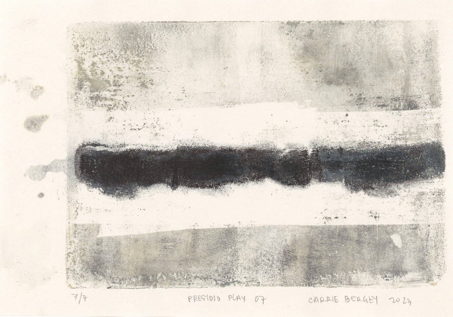 Presidio Play 07 by Carrie Bergey, abstract monoprint with horizontal black and white textures over a beige base, from the Presidio Play series.