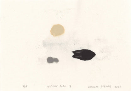Presidio Play 13 by Carrie Bergey, minimalist monoprint featuring three paint dabs in beige, black, and gray, from the Presidio Play art series.