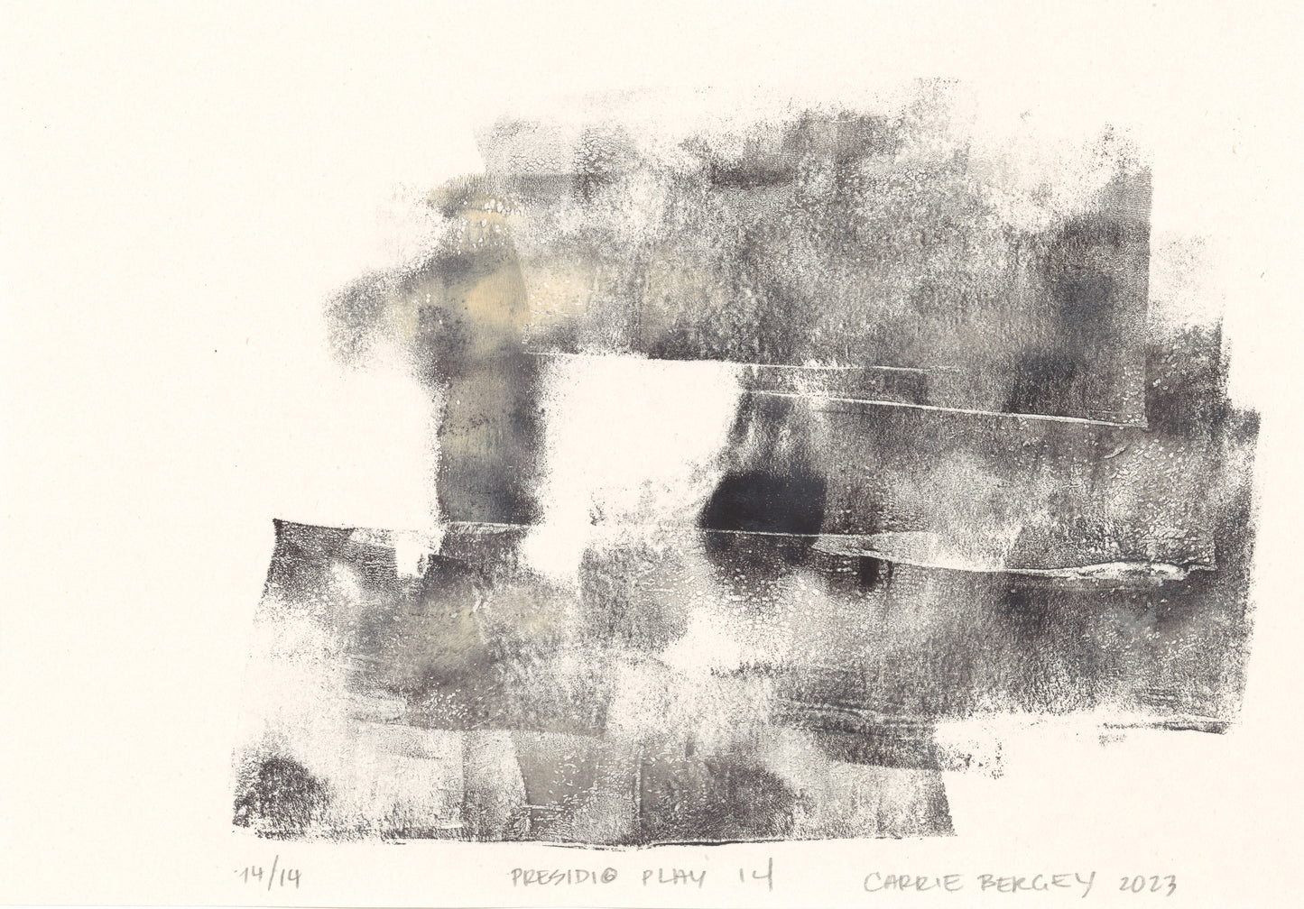 Presidio Play 14 by Carrie Bergey, abstract monoprint with layered black and beige textures. Limited edition fine art print for contemporary interiors.