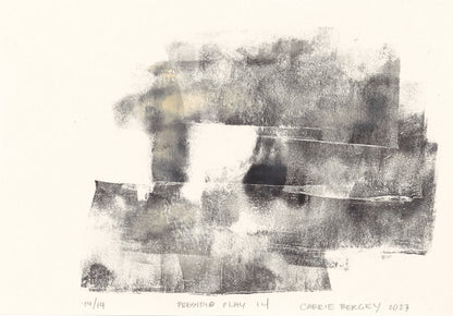 Presidio Play 14 by Carrie Bergey, abstract monoprint with layered black and beige textures. Limited edition fine art print for contemporary interiors.
