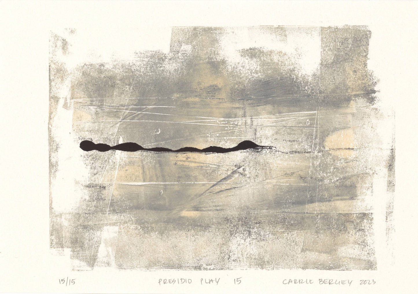 Presidio Play 15 by Carrie Bergey, a fine art monoprint with soft gray and beige tones intersected by a bold black line, from the Presidio Play series.