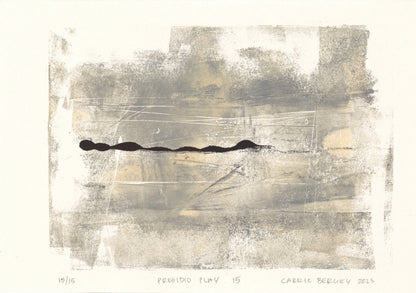 Presidio Play 15 by Carrie Bergey, a fine art monoprint with soft gray and beige tones intersected by a bold black line, from the Presidio Play series.