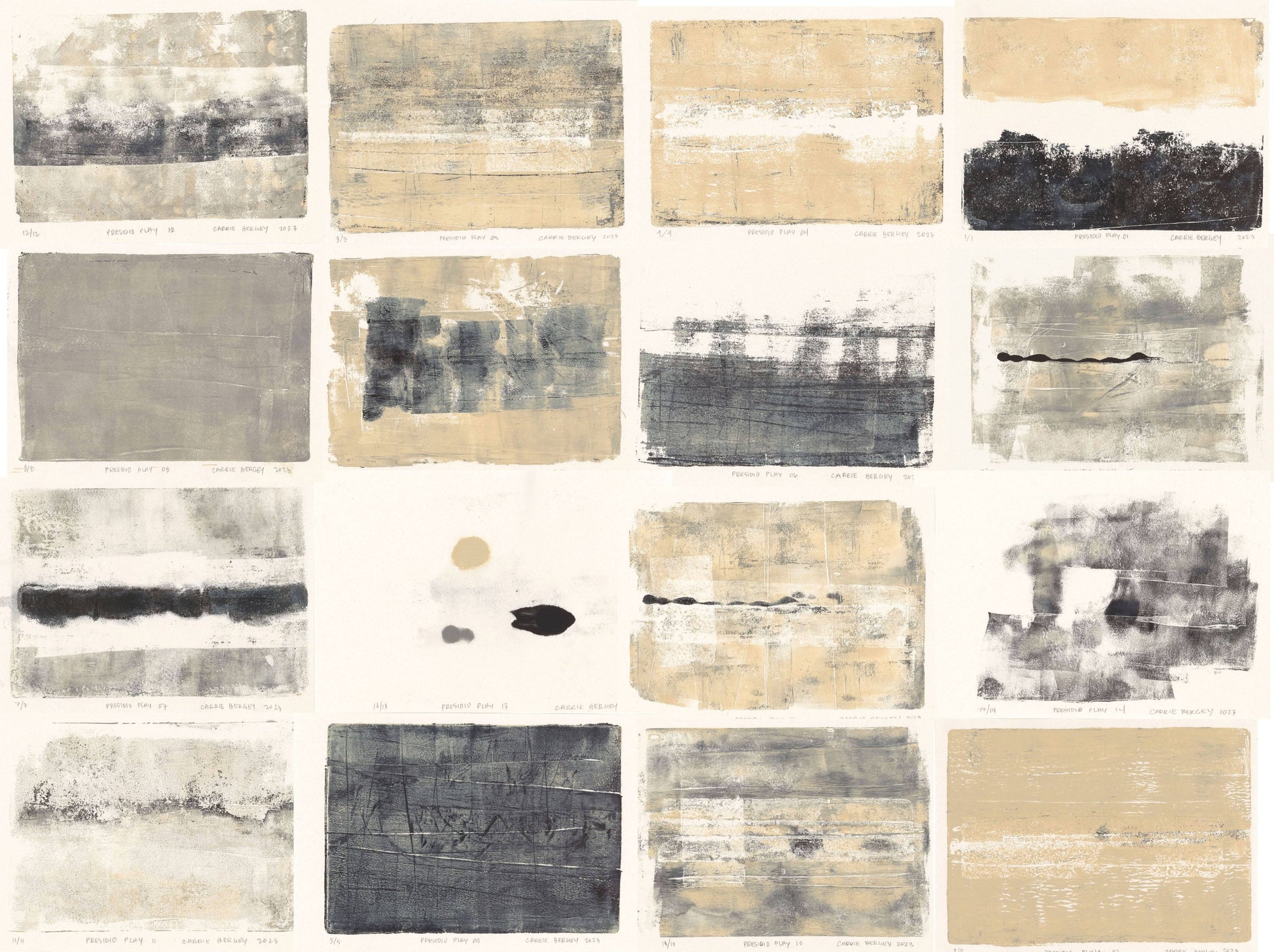 Presidio Play Original Fine Art Monoprint Collection by Carrie Bergey featuring 18 abstract prints in neutral tones, ideal for modern wall decor.