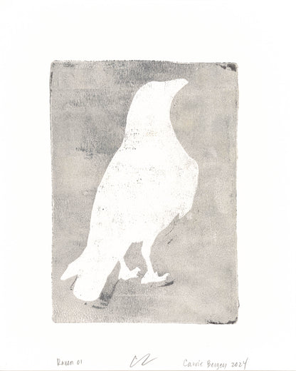 Raven 01 monoprint by Carrie Bergey, showcasing a ghostly white raven figure on a soft gray textured background.