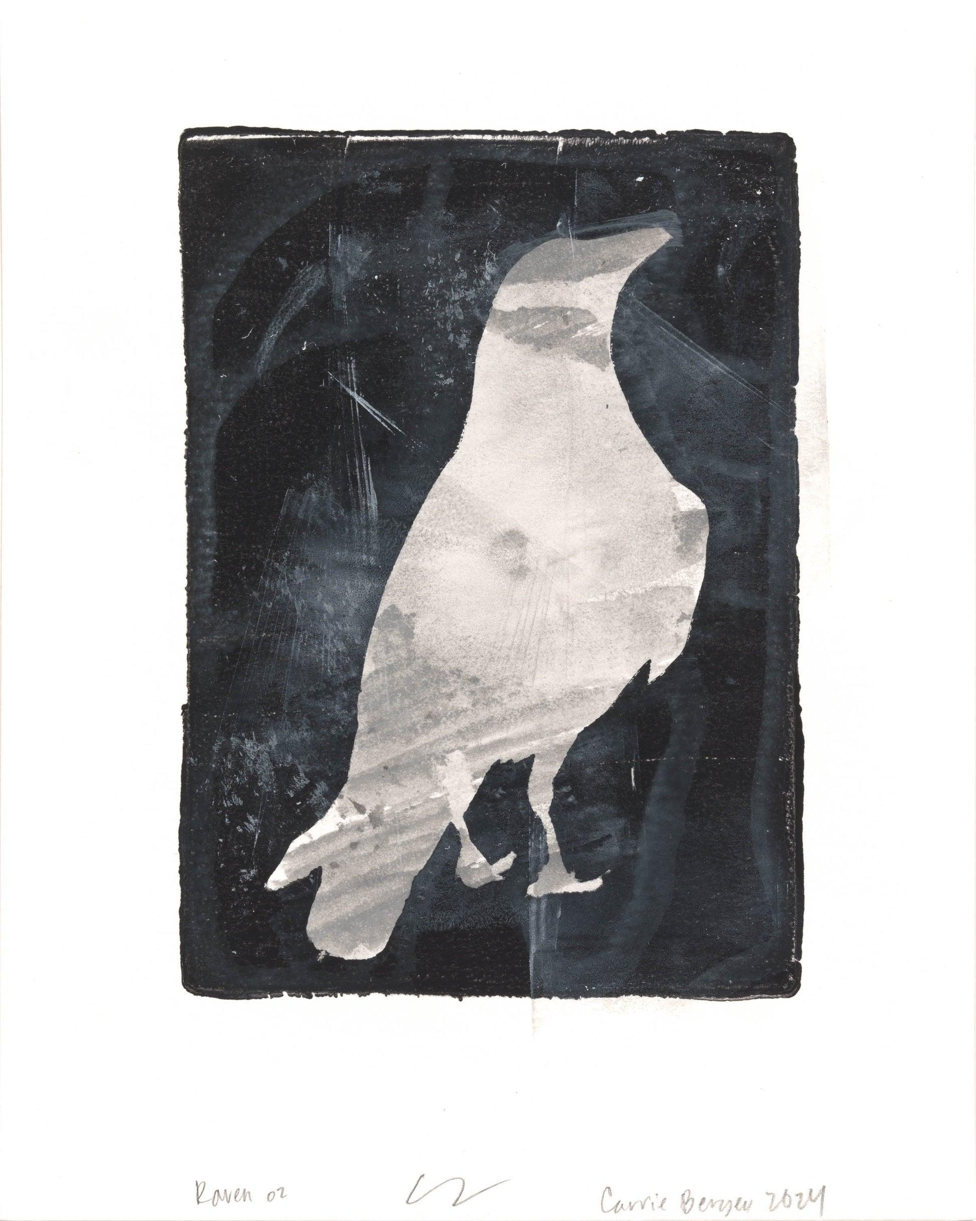 Raven 02 from Carrie Bergey's Raven 01-10 monoprint collection, featuring a white raven silhouette over a textured black background.