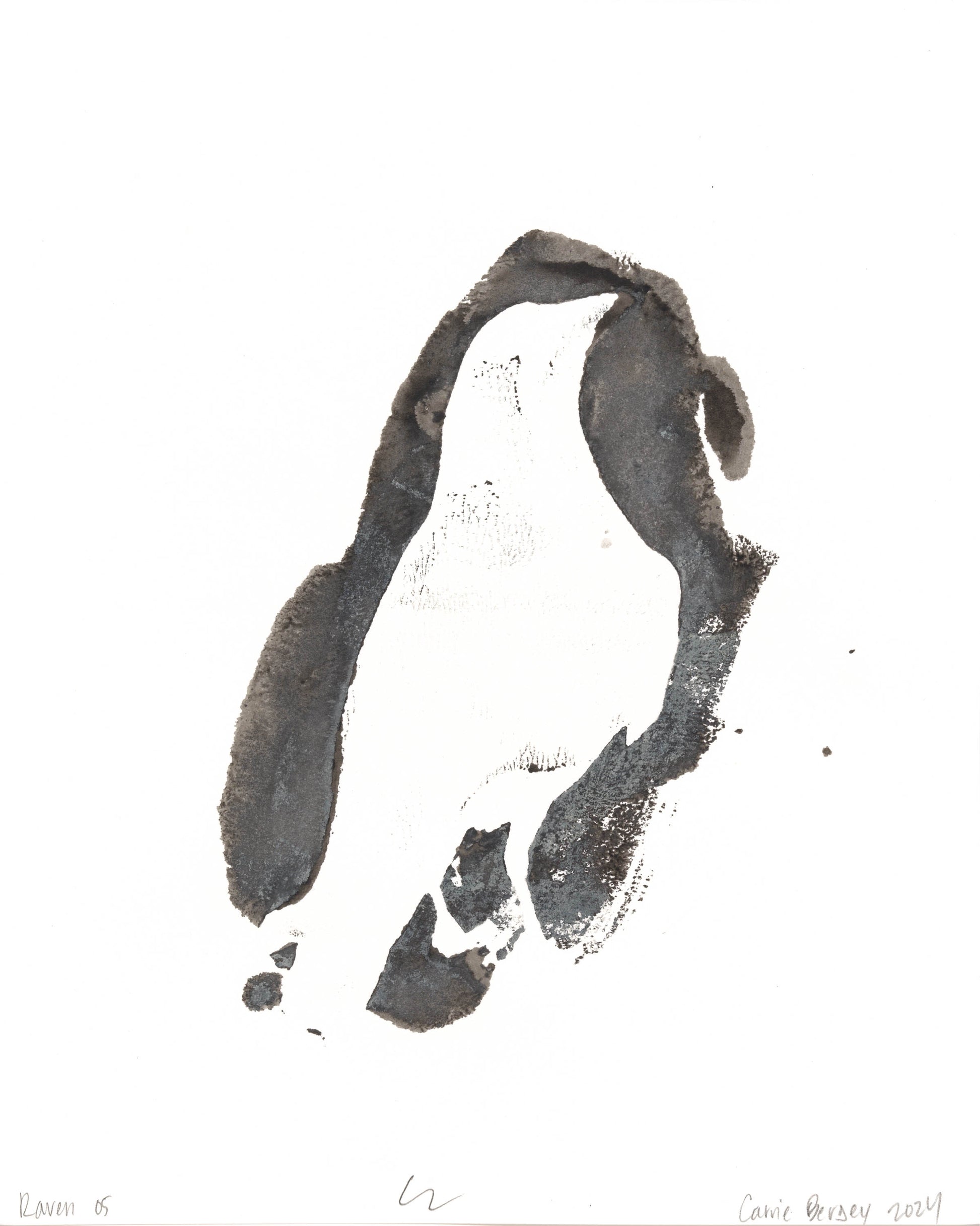 Raven 05 monoprint by Carrie Bergey, featuring a white raven silhouette surrounded by expressive black ink strokes.