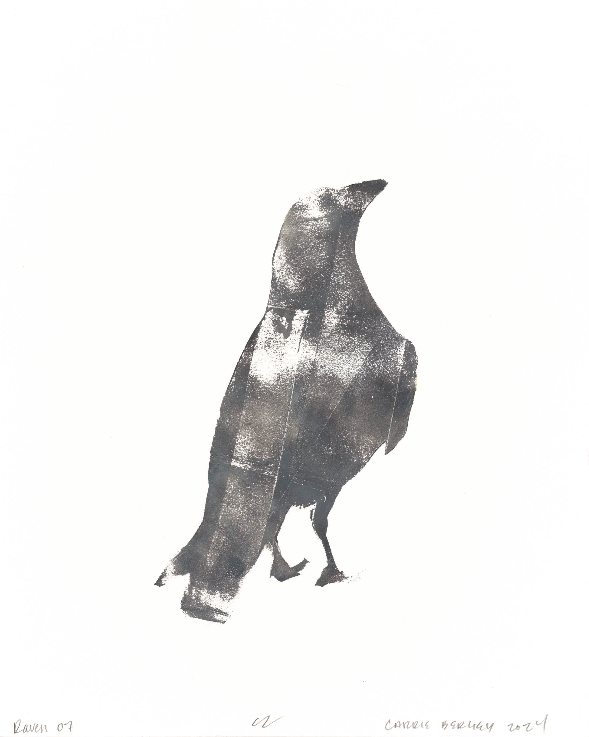 Raven 07 from the Raven 01-10 monoprint series by Carrie Bergey, depicting a dark raven with abstract brush textures.