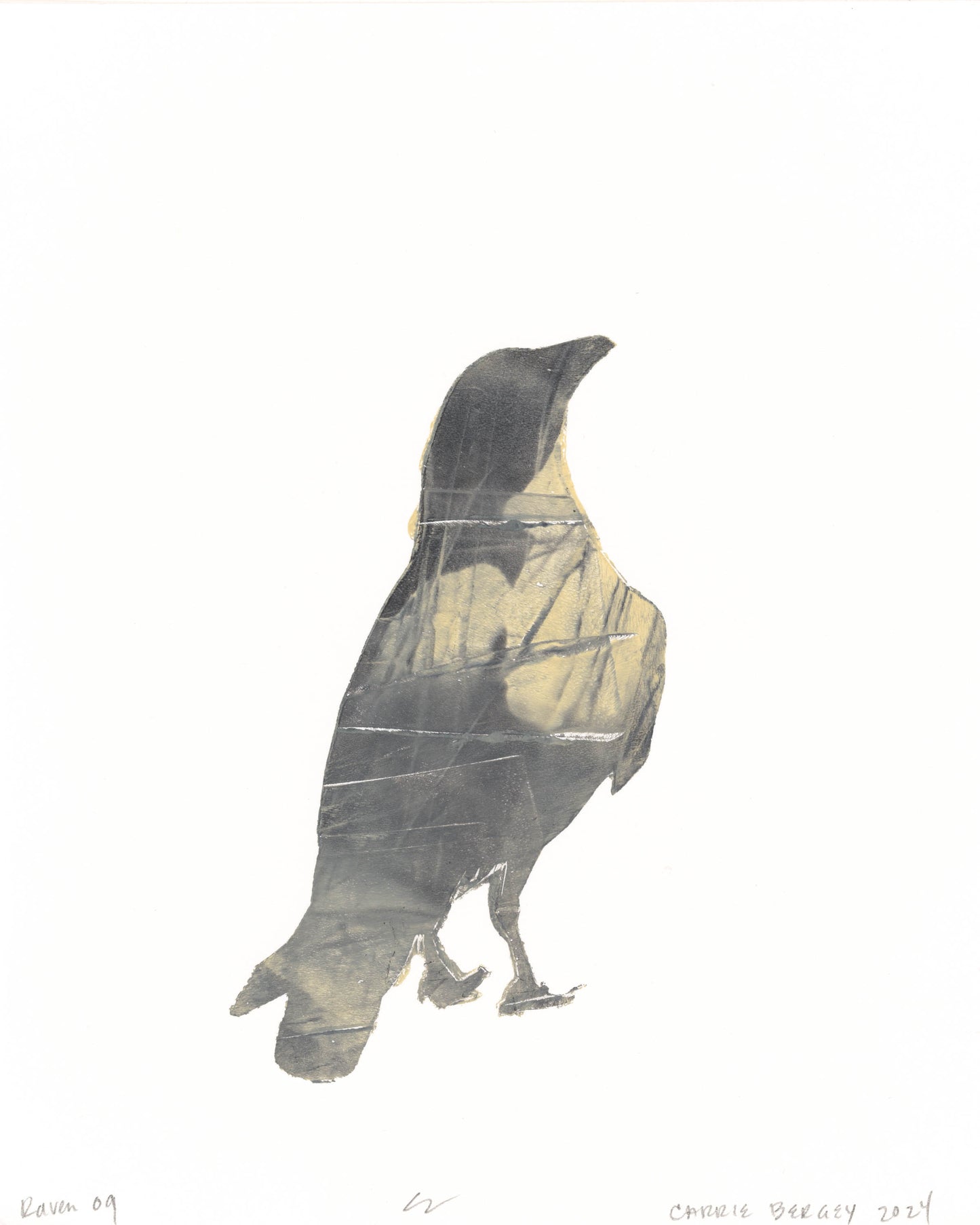 Raven 09 from Carrie Bergey's fine art monoprint series, showing a raven in dark tones with layered textures and golden hues.
