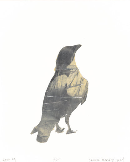 Raven 09 from Carrie Bergey's fine art monoprint series, showing a raven in dark tones with layered textures and golden hues.
