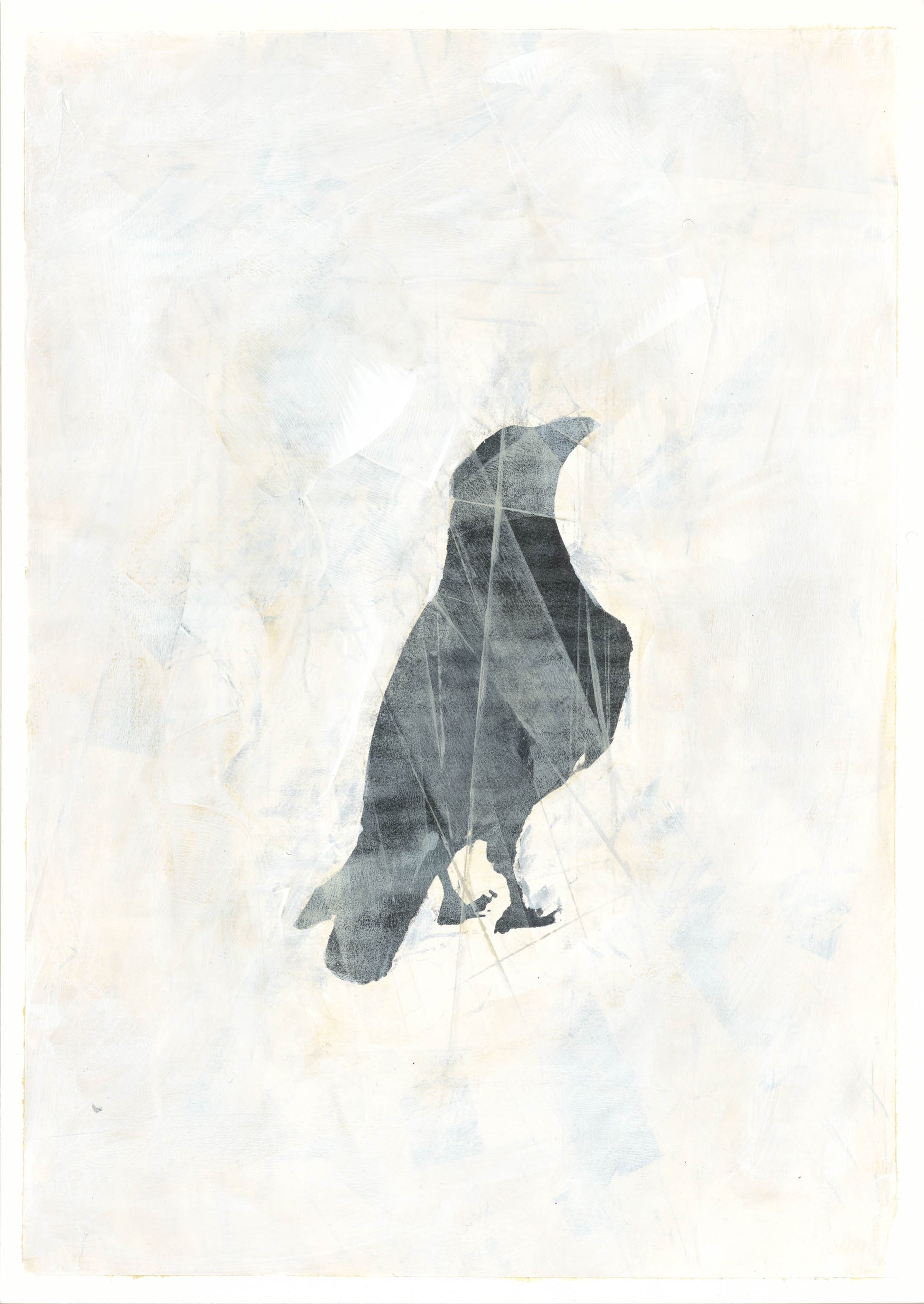 Raven 11 Original Fine Art Monoprint by Carrie Bergey features a bold black raven silhouette on a textured white acrylic background. Ideal for modern home decor.