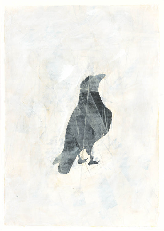 Raven 11 Original Fine Art Monoprint by Carrie Bergey features a bold black raven silhouette on a textured white acrylic background. Ideal for modern home decor.