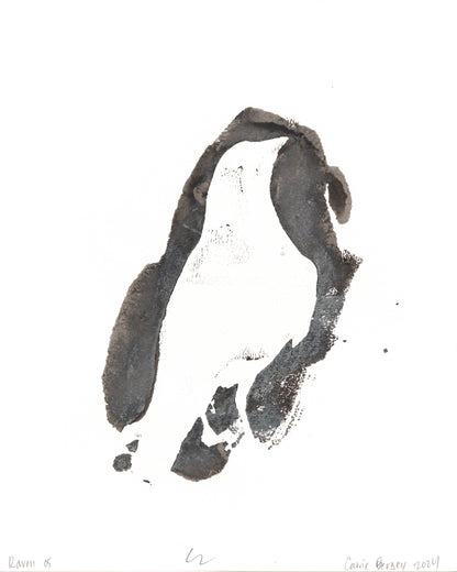 Duplicate of Raven 05 monoprint by Carrie Bergey, with a white raven surrounded by expressive black ink.