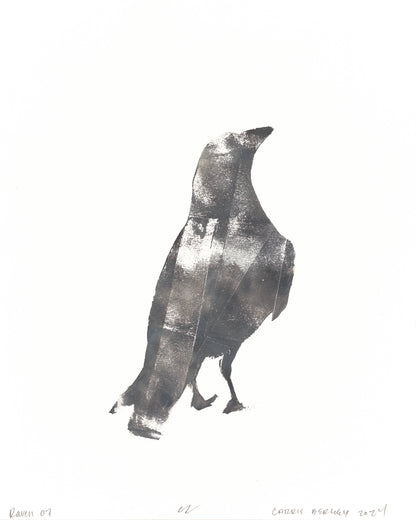 Duplicate of Raven 07 monoprint by Carrie Bergey, featuring a dark raven with abstract brush strokes.
