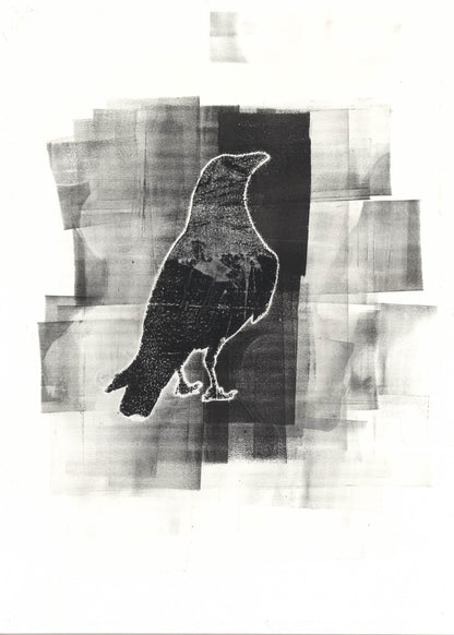 Duplicate of Raven 10 monoprint by Carrie Bergey, featuring a black raven over a geometric grayscale background.