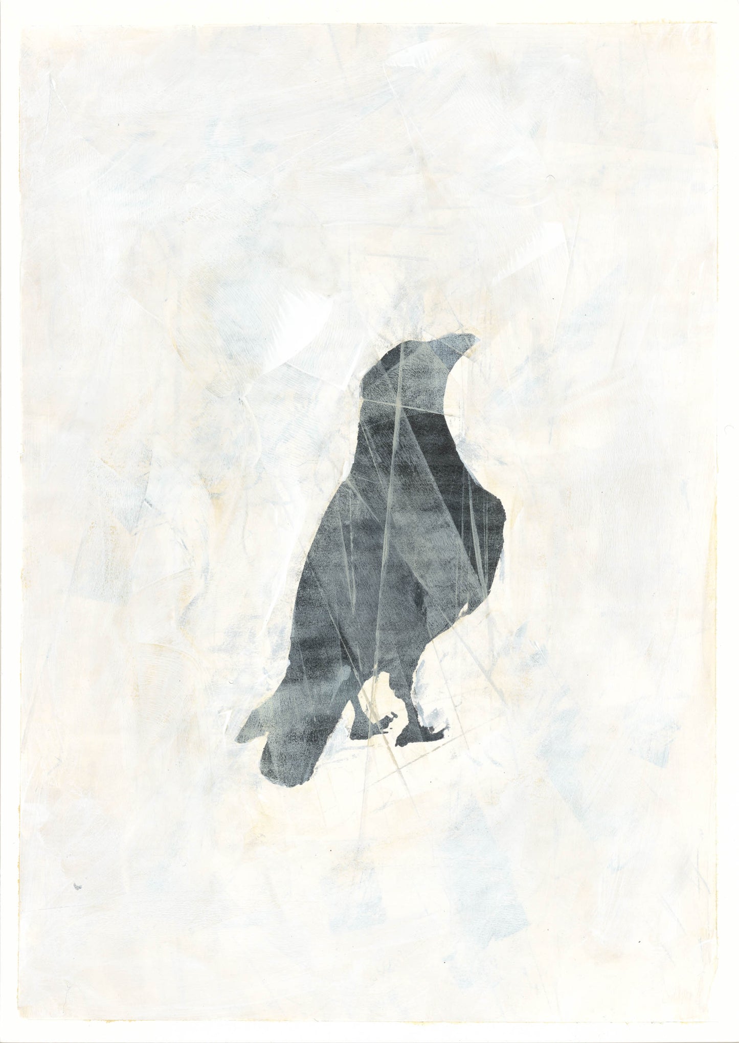 Carrie Bergey's Raven 11 Original Fine Art Monoprint showcases a solitary raven in minimalist style, perfect for contemporary artwork collections.