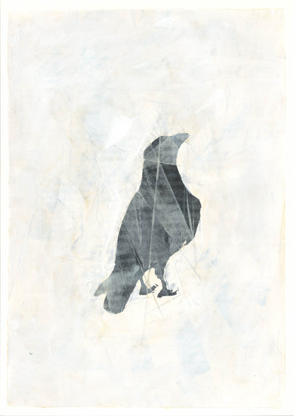 Carrie Bergey's Raven 11 Original Fine Art Monoprint showcases a solitary raven in minimalist style, perfect for contemporary artwork collections.