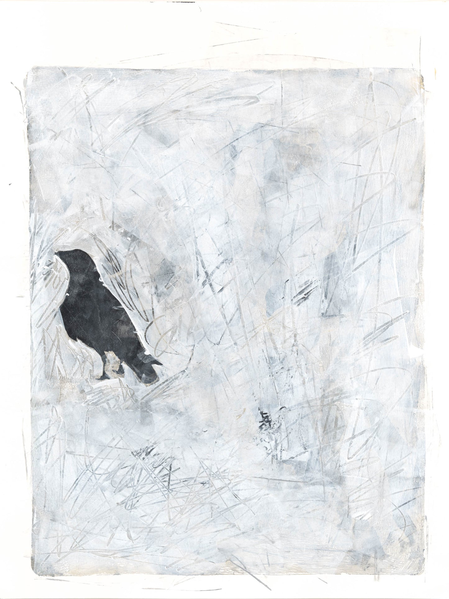 Carrie Bergey's monoprint of a raven with layered gray textures and abstract lines. A moody and artistic print for expressive interiors.