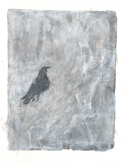 Dark raven silhouette in a textured gray monoprint by Carrie Bergey. A contemplative and symbolic artwork for home or office walls.