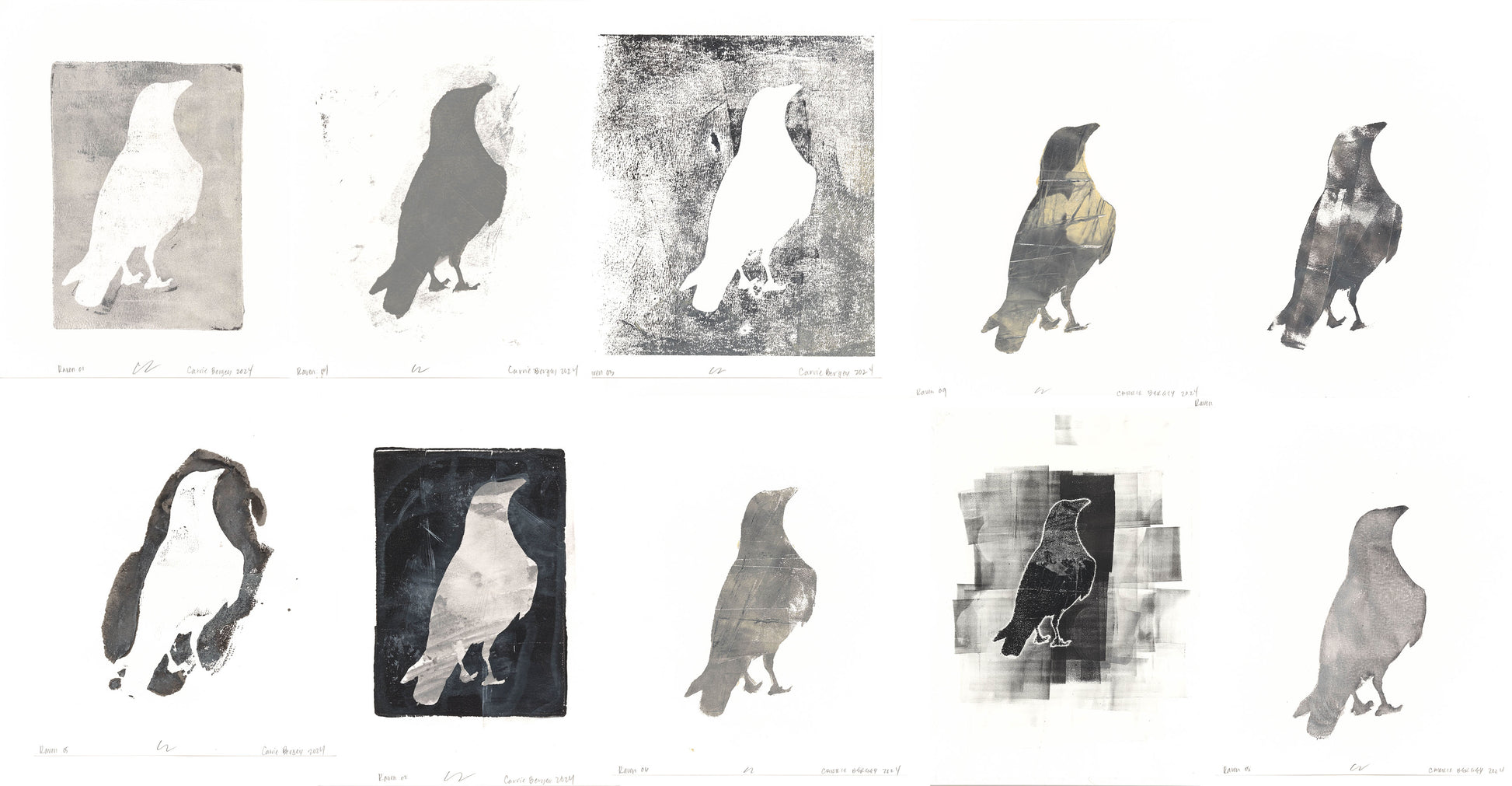 Alternate composite view of Raven 01-10 Original Fine Art Monoprint Decade Collection by Carrie Bergey, highlighting expressive raven forms.