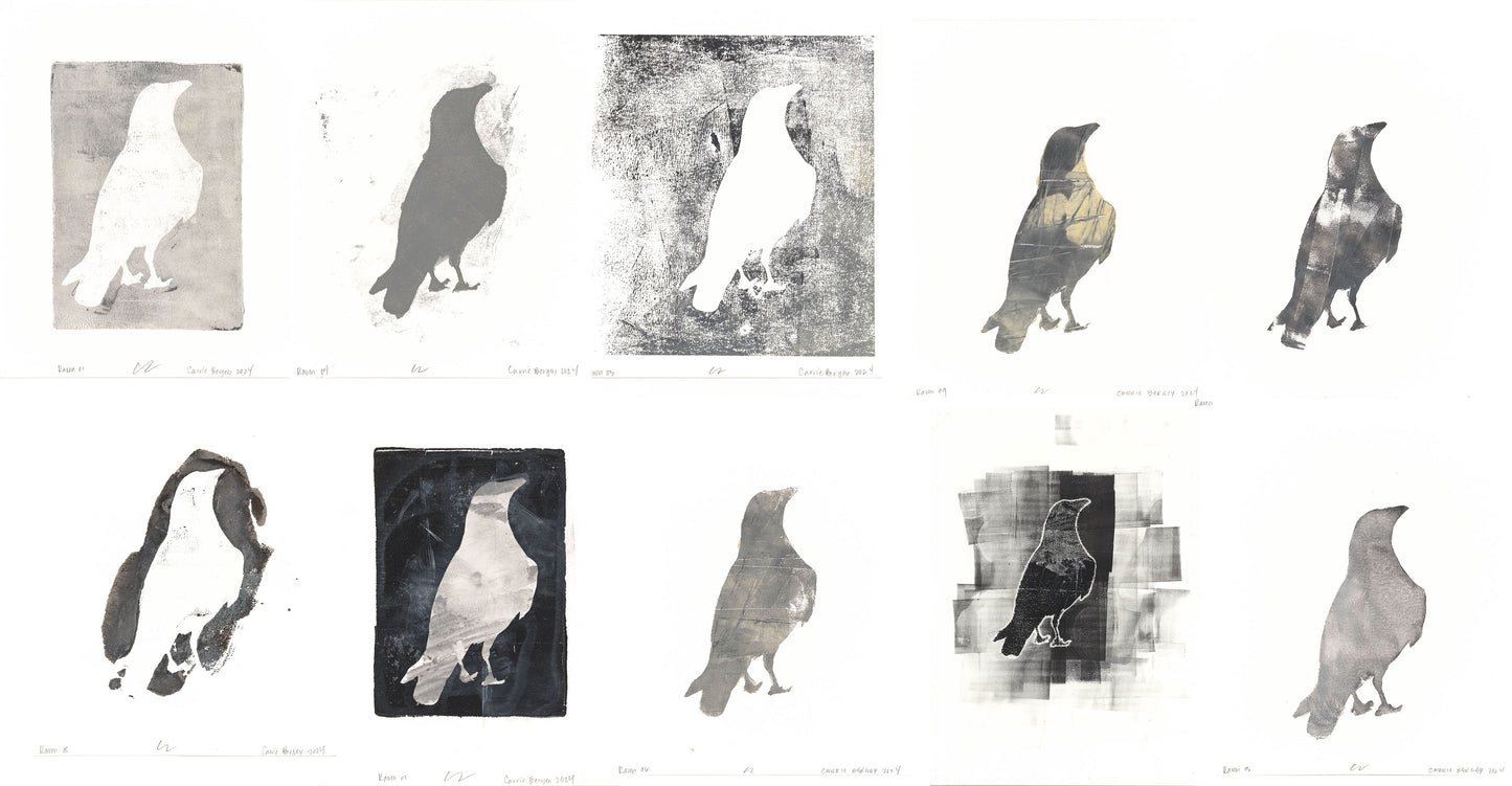 Composite layout of all 10 monoprints from Raven 01-10 Original Fine Art Monoprint Decade Collection by Carrie Bergey, showcasing unique raven silhouettes.