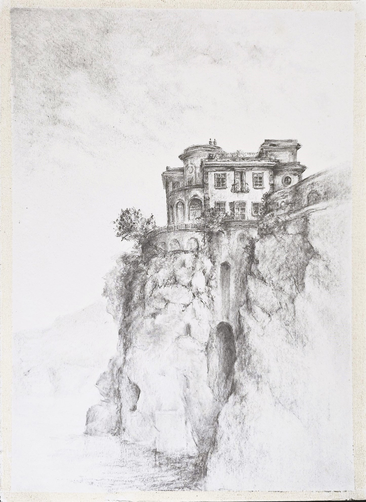 Sorrento Italy Original Fine Art Painting by Carrie Bergey features a detailed pencil drawing of a coastal villa perched on a cliff. Ideal for home decor in the visual artwork category.