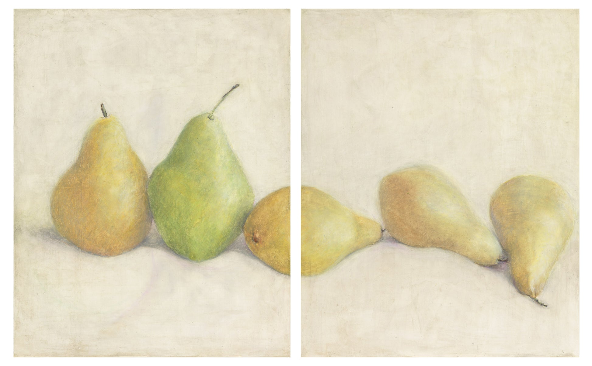 Pears The After Party Original Fine Art Painting Diptych by Carrie Bergey featuring five vibrant pears on a soft neutral background.