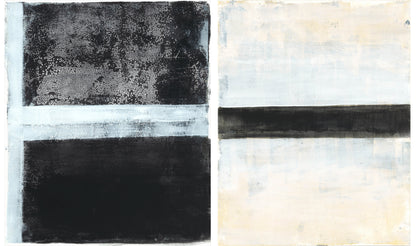 Tux Original Fine Art Monoprint Diptych Collection by Carrie Bergey, a set of two abstract prints blending black, white, and neutral tones in minimalist harmony.