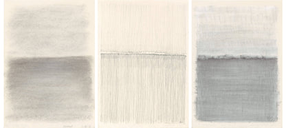 Full view of Vista 02-04-05 Triptych by Carrie Bergey, a fine art drawing series capturing Cozumel's landscapes in abstract graphite forms.