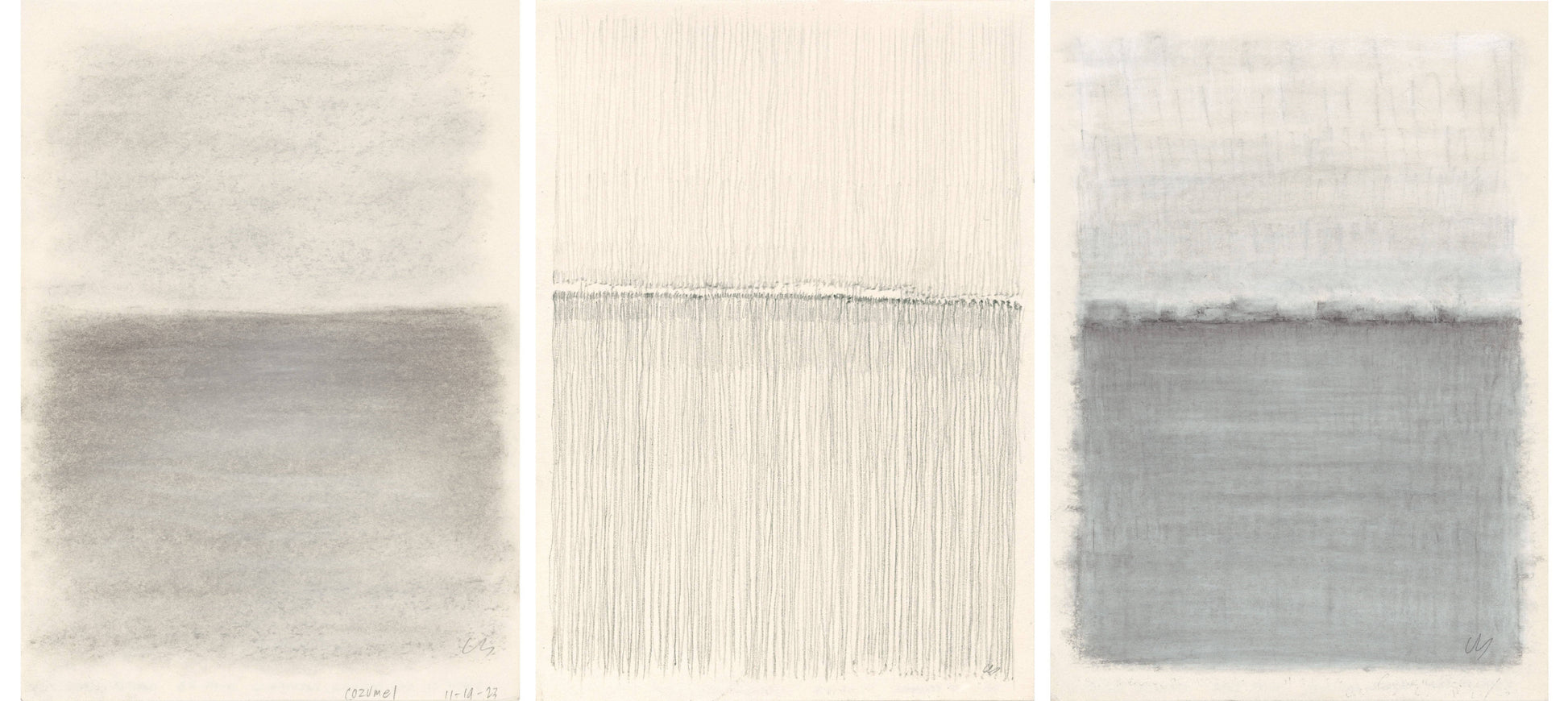 Vista 02-04-05 Triptych by Carrie Bergey featuring three abstract graphite and pastel drawings inspired by Cozumel's serene landscapes.