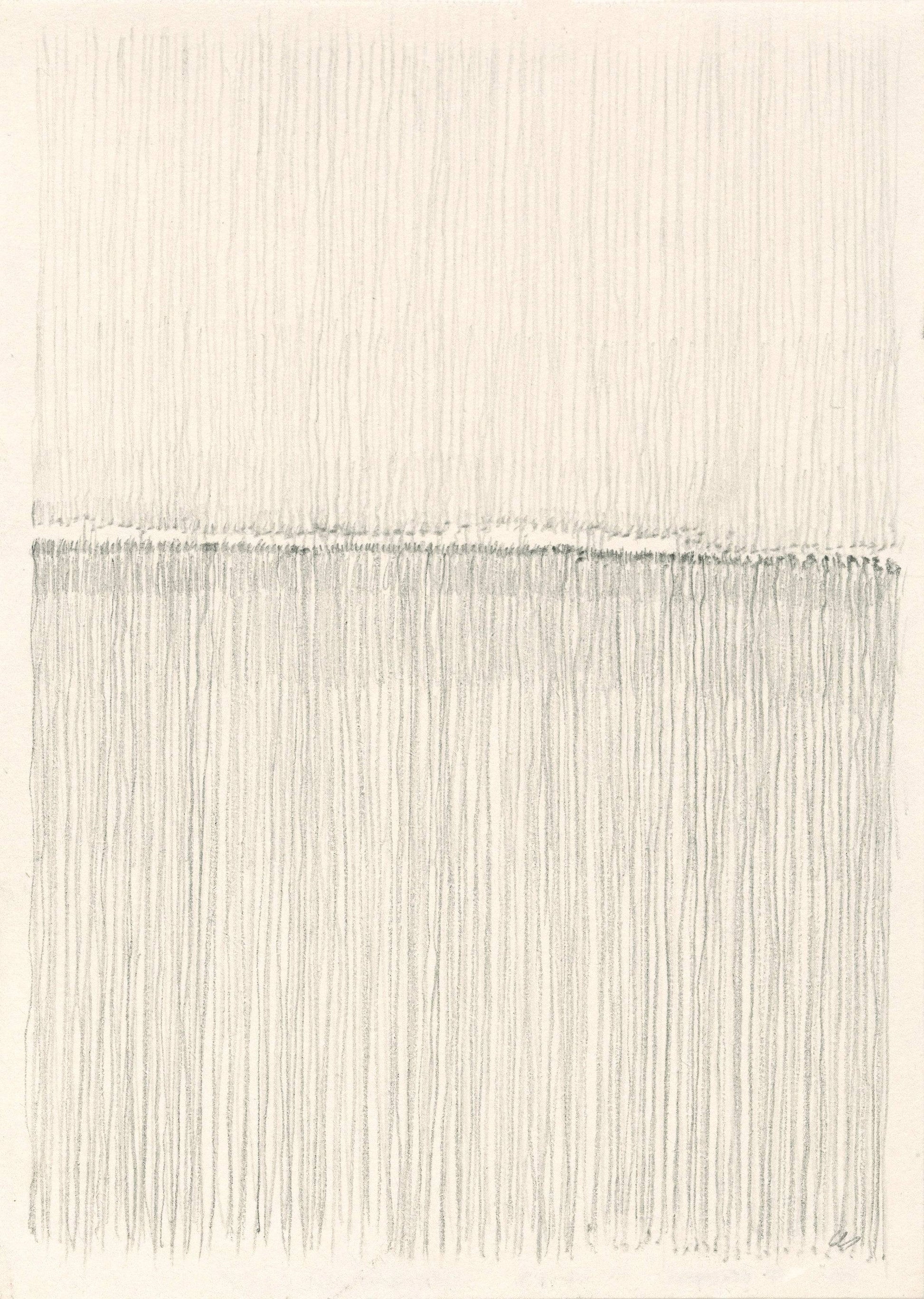 Middle panel of Vista 02-04-05 Triptych by Carrie Bergey showcasing vertical graphite lines symbolizing rain or texture in minimalist style.