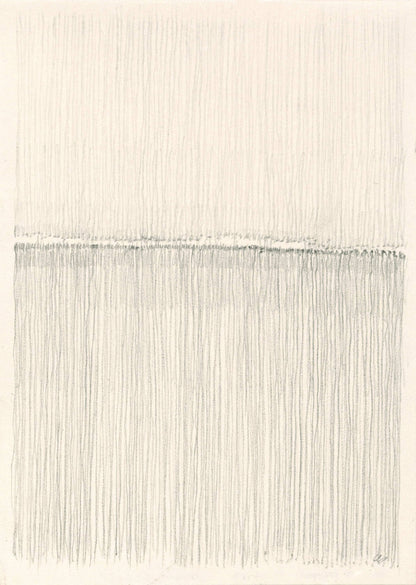 Middle panel of Vista 02-04-05 Triptych by Carrie Bergey showcasing vertical graphite lines symbolizing rain or texture in minimalist style.