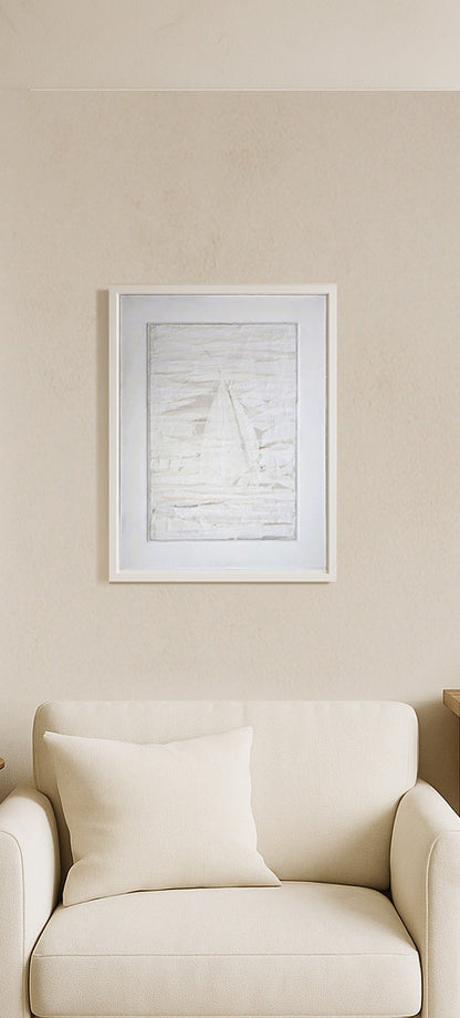 Beyond Tiburon - Sailing mixed media painting by Carrie Bergey displayed above a cream sofa, blending seamlessly with minimalist home decor.
