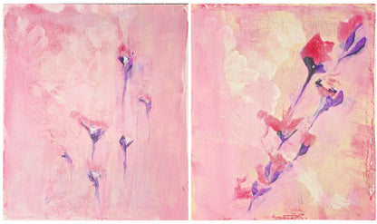 Full view of Blush & Bloom Diptych by Carrie Bergey, showcasing two complementary abstract floral paintings in soft pink and purple hues.