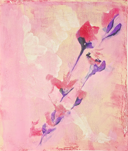 Right panel of Blush & Bloom Diptych by Carrie Bergey with expressive red and purple floral strokes on a warm pink canvas.