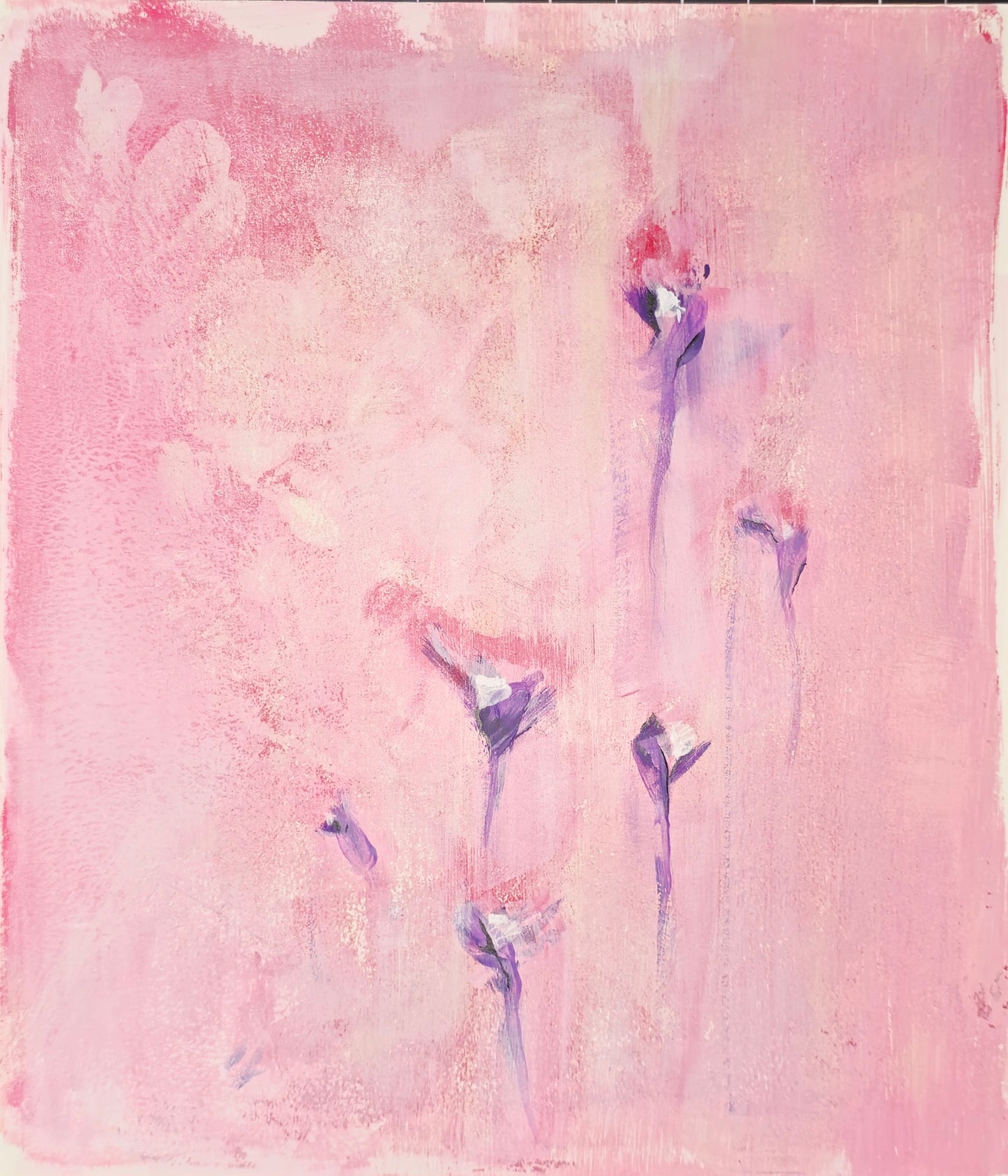 Left panel of the Original Fine Art Painting Diptych by Carrie Bergey with delicate purple buds emerging from a textured blush pink canvas.