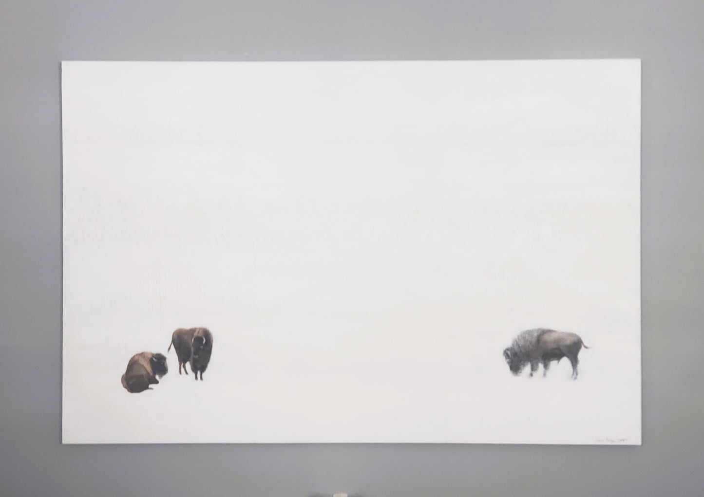 Full view of Carrie Bergey's 'Bridges Between Coasts - Buffalo & San Francisco' painting featuring three bison on a minimalist white canvas.