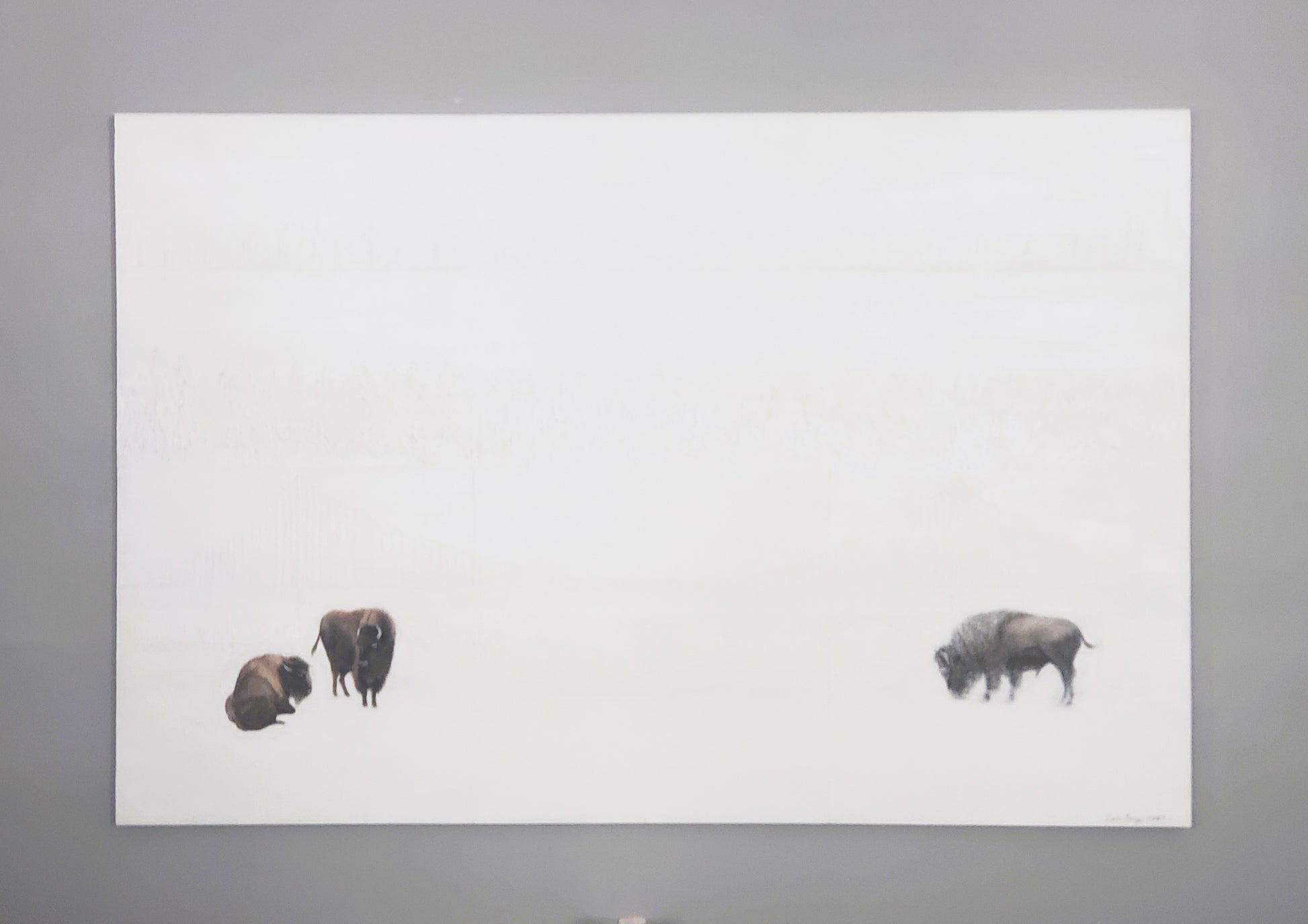Full view of Carrie Bergey's 'Bridges Between Coasts - Buffalo & San Francisco' painting featuring three bison on a minimalist white canvas.