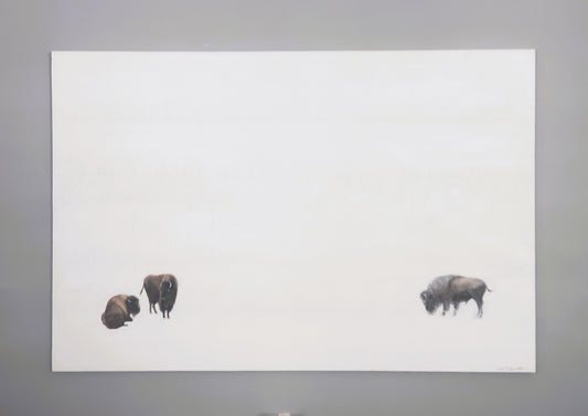 Close-up of a bison in Carrie Bergey's 'Bridges Between Coasts - Buffalo & San Francisco' original fine art painting, textured white background.