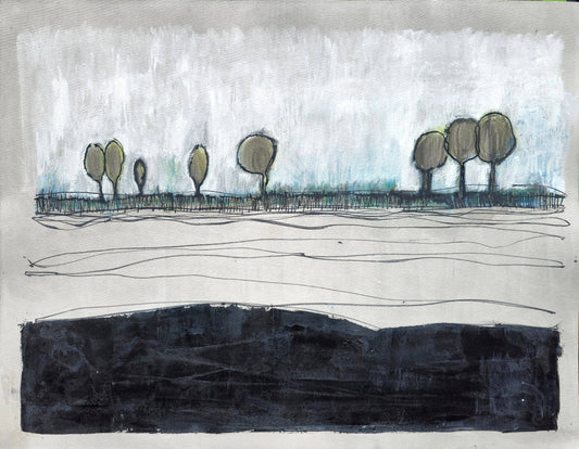 Carrie Bergey Art - Acrylic Landscape Gouache | Trees on Paper features abstract trees in muted tones of black, grey, white, blue, and green. Modern gouache painting titled 'Eight Sentinels' on textured paper.