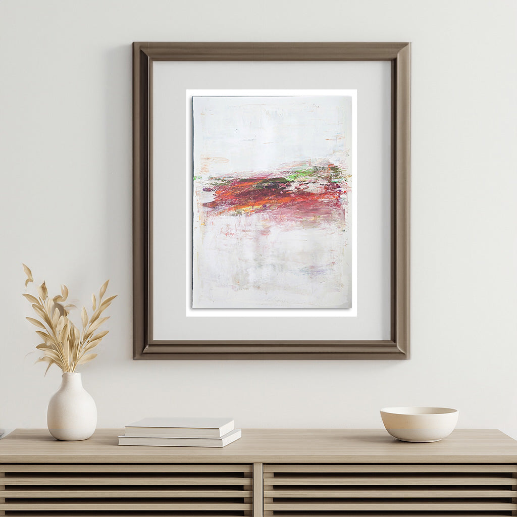 Framed Full Spectrum Acrylic Painting by Carrie Bergey displayed in a minimalist home setting. Abstract art with vibrant hues for contemporary wall decor.