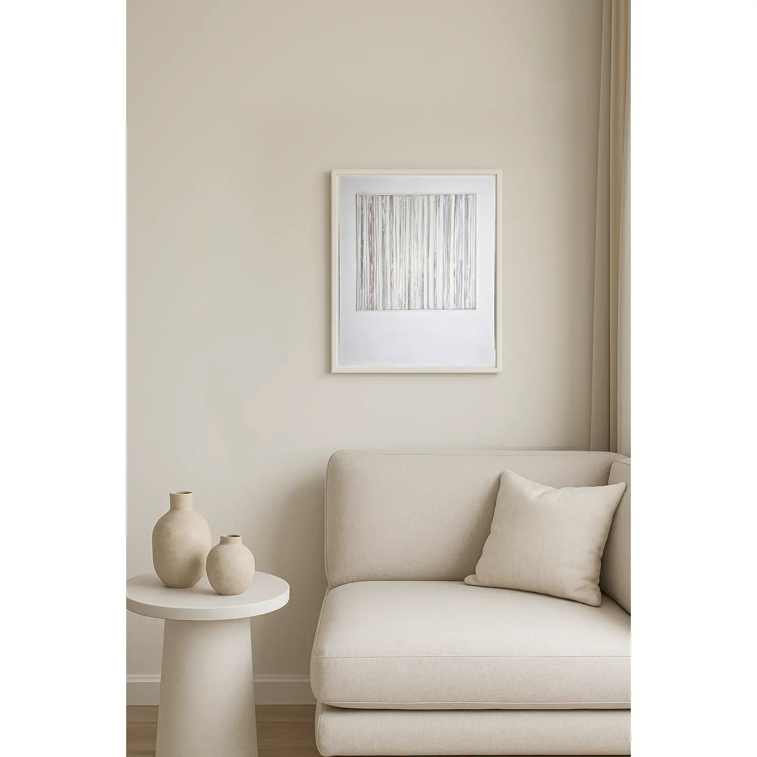 Framed In-Line Minimalist Mixed Media Art by Carrie Bergey displayed in a neutral-toned living room, enhancing modern home decor with geometric abstraction.