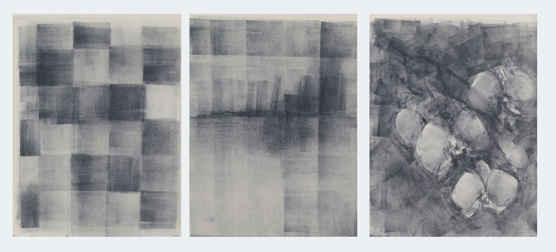 Full view of Ink on Paper 23-25 Original Fine Art Painting Triptych Collection showing all three abstract ink panels in a cohesive modern layout.